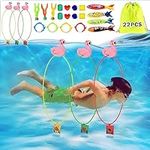 Macocheezee Diving Toys,22 Pcs Pool Toys Bulk with Swim Thru Rings for Kids Age 3-12,Underwater Training Diving Fish Rings,Diving Gem,Diving Seaweed,Pool Torpedo, Packing Bag Included