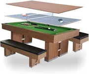 7 FT Pool Table with Dining Top, 3-in-1 Combo Game Table Billiards, Ping Pong and Dining Table. Set of Benches for Dual Storage. Dust Cover Included