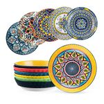 HENXFEN LEAD Pasta Salad Bowls Set of 6, Wide and Shallow Pasta Plates, Serving Dishes 32 Oz - 8 Inch Porcelain Soup Bowl for Dinner, Kitchen and Eating - Bohemian style