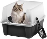 IRIS USA Large Open Top Cat Litter Tray with Scoop and Scatter Shield, Sturdy Easy to Clean Open Air Kitty Litter Pan with Tall Spray and Scatter Shield, Black