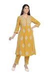 Semal Hand Embroidered Yellow Golden Spice Cotton A-Line Lucknowi Chikankari V-Neck Kurta Set for Women and Girls Fashion(M)