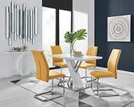 Furniturebox UK Sorrento 4 Modern White High Gloss Stainless Steel Metal Dining Table and 4 Stylish Lorenzo Dining Chairs Seats Set (Dining Table + 4 Mustard Lorenzo)