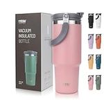 Riley Joy Travel Mug with Handle 30oz Double Wall Stainless Steel Insulated Tumbler with Straw and Lid Leakproof Coffee Mug for Hot Iced Drink (Pink)