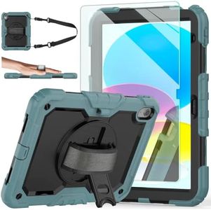 iPad 10th Generation Case, iPad 10 Case 10.9'' 2022, [Kid Proof] Ambison Full Body Protective Case with 9H Tempered Glass Screen Protector, 360° Rotatable Kickstand & Hand Strap (Teal & Black)