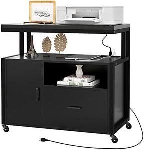 YITAHOME Wood File Cabinet with Charging Station, Rolling Filing Cabinet Cart with Door, Industrial Nightstand with Printer Shelf for Home Office, Bedroom, Living Room, Entryway, Black