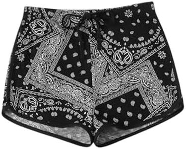 WDIRARA Women's Sun Moon Graphic Print Drawstring Waist Casual Shorts Black and White Small