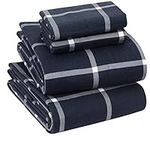 Sleepdown 100% Cotton Flannel Sheets Queen - Warm & Cozy 170 GSM Heavyweight Double Brushed Anti-Pill Winter Flannel Bed Sheets Queen, 16" Deep Pocket Fitted Sheet X2 Side Pockets - Queen, Navy Checks