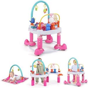 INFANS Baby Bouncer Activity Center, 5 in 1 Toddler Bouncing Activity Saucer Playtime Mat Activity Table with 360°Rotating Seat, 3 Adjustable Height, Foldable Exersaucer Learning Walker (Pink)