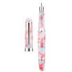 Asvine P50 Piston Fountain Pen Red Marble Resin, Medium Nib Silver Trim Smooth Writer Collection with Pen Case Gift Set