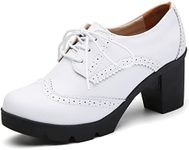 DADAWEN Women's Leather Classic Lace Up Platform Chunky Mid-Heel Square Toe Oxfords Dress Pump Shoes White US Size 10