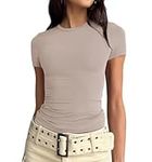 LACOZY Women's Basic Solid Crop Tops Short Sleeve Round Neck Shirt Workout Slim Fit T-Shirt Taupe X-Large