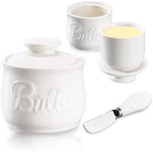 Beurrier à Eau, Beurrier Français en Céramique avec Couvercle et Couteau à Beurre, Cloche à Beurre Refroidi pour Beurre Frais et Tartinable, Design Vintage