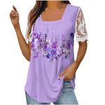 Clearance Men Womens Tops Womens Lace Embroidered Shirt Tees Floral Print Tops Short Sleeve Pleated T Shirt Square Neck Casual Pullover Blouses Orders Placed by me Purple