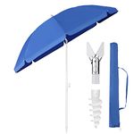 Sekey 1.6m Beach Umbrella with Ground Spike & Umbrella Cover, Stable Parasol with Eight Ribs for Balcony, Garden & Patio. Tilt Angle and Height Adjustable, Round Sun Protection UPF 50+, Blue