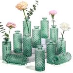 ComSaf Glass Bud Vases Set of 12, Small Diamond Bud Vases in Bulk, Mini Flowers Vases for Centerpieces, Vintage Decor Centerpiece for Table, Wedding Recepetion, Home, Gift (Green)