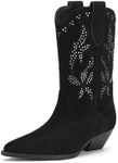 Rogerdream Women's Black Suede Cowgirl Boots, Mid-Calf, With Silver Stud Embellishments Black Size 9