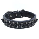 Dogs Kingdom 14.5"-20" Soft Genuine Leather Padded Black Mushrooms Spiked Rivet Studded Adjustable Pet Collar for Puppy Small Medium Dogs Black L