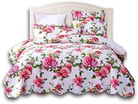 DaDa Bedding Romantic Roses Floral Bedspread Set - Lovely Spring Pink & White Scalloped Colorful Lightweight Breathable - Bright Vibrant Quilted Coverlet w/Pillow Shams - Full - 3-Pieces