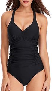 HAIVIDO V Neck One Piece Swimsuits with Ruching Bathing Suits Tummy Control Beach Swimwear for Women, 1-blacks, Medium