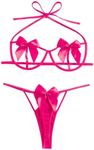 Lilosy Sexy Underwire Floral Lace Sheer Lingerie Set for Women See Through Bra and Panty 2 Piece, Halter Bow Hot Pink, Large