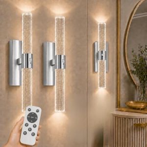 Motion Sensor Wall Sconces Battery Operated Set of 2, Rechargeable Wall Sconce, 3CCT Battery Wall Sconce, 12000mAh Dimmable with Remote for Bedroom, Living room, Hallway (15.3 inch - Chrome - 2 Pack)