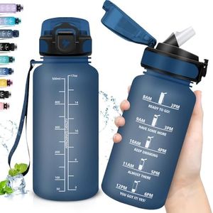 Grsta Gourde, 500ml Gourde Enfant, Gourde Paille anti Fuite, Gourde Sport avec Marqueur de Temps, Gourde Motivation pour Garçons&Filles, Gourde Plastique pour l'École, Bureau, Extérieur, Navibleu