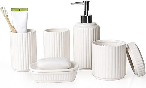 Umlaca Bathroom Accessories Set 5 Pcs - Soap Dispensers, Soap Dish, Qtip Holder Jar & Tumbler Cups, Classic Bathroom Counter Top Accessory Set - Modern Home Apartment Vanity Organizer