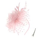 Fascinators for Women Tea Party Headband Kentucky Derby Hats Cocktail Flower Mesh Feathers Headwear Hair Clip for Wedding, Blush Pink, Small-3X-Large