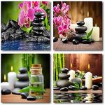 Spa Bathroom Decor Stone Wall Panels, Zen Wall Art for Yoga Meditation Calming and Relaxing, Bamboo Candle Phalaenopsis and Stone Pictures for Office Bedroom Living Room (12x12in, 4 Panels)