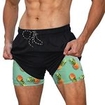 Cozople Swim Trunks for Men Compression Liner Bathing Suits 5.5" Quick Dry Pineapple Lined Printed Swimwear 2 in 1 Lightweight Beach Board Shorts with Inner Pocket Black Size 2xlarge