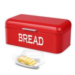 Flexzion Metal Red Bread Box for Kitchen Countertop, Vintage Bread Holder for Rustic Kitchen, Bagel Bin Loaf Storage Keeper, Sliced Bread Container with Butter Dish and Butter Knife