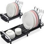 KINGRACK Compact Dish Drainer,Expandable Rack,Stainless Steel Drying Rack With Removable Cutlery Holder,Non-Slip Feet,Anti Rust Plate Rack,Small Sink Drainer For Kitchen Countertop,Black (WK810585-8)