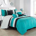 Chezmoi Collection Chloe 7-Piece Teal Blue Gray Black Geometric Medallion Embroidery Pleated Striped Comforter Set, King