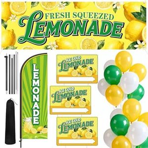 FYSUIMU 29 Pcs Lemonade Stand Decor Yard Sign Flag Set Includes Lemonade Feather Flag with Pole Lawn Sign Banner Balloons for Outdoor Business Home Lawn Decor Advertising Supplies
