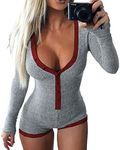 Roselux Women's Sexy Deep V Neck Shorts Long Sleeve Knitted One Piece Bodysuit Sexy Pajama Onesie Bodycon Rompers Overall, B-long Sleeve-gray&wine, Medium