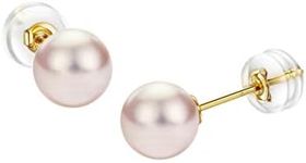 Michooyel Round Japanese Akoya Pearl Earrings for Women 18k Gold Stud Pearl Earrings with Genuine Cultured Pearls 4.5mm-8.5mm, 4.5-5mm, Pearl Yellow Gold, Pearl