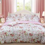 FADFAY Shabby Rose Floral Duvet Cover Pink Plaid Girls Bedding Set 100% Cotton Hypoallergenic Bed Sheet Set,5Pcs (1 Duvet Cover +1 Fitted Sheet+ 1 Flat Sheet +2 Standard Pillowcases), Twin Size