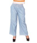 ICW Women's High Rise Cotton Non Stretchable Smock Waist Wide Leg Jeans Pant with Pockets, (30, Light Blue)