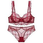 Guoeappa Women's Lace Bra and Panty Sets Underwired Lingerie Set Push Up Sheer Bras, Dark Red, 34B