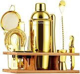 Soing 11-Piece Gold Bartender Kit,Perfect Home Cocktail Shaker Set for Drink Mixing,Stainless Steel Bar Tools with Stand,Velvet Carry Bag & Cocktail Recipes Cards (Gold)