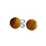 Simple Gemstone Brown Tiger Eye Round Ball Stud Earrings For Women .925 Sterling Silver 8MM