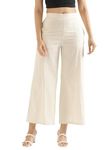 SAADAA Women's Relaxed Fit Mid Rise Airy Linen Wide Leg Pants, High Waist Trousers for Formal, Casual & Office Wear Ecru
