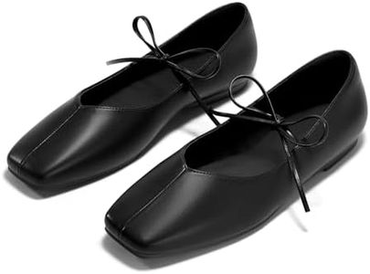 Coutgo Womens Mary Jane Flats Lace Up Square Toe Ballet Ballerina Flats Slip On Comfortable Dressy Shoes, Black Pu, Size 6