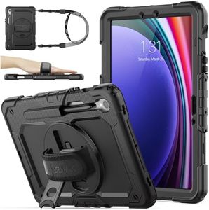 SEYMAC stock Case for Samsung Galaxy Tab S9/S9 FE 5G 2023 with Screen Protector | Pencil Holder [360 Rotating Hand Strap] &Stand, Drop-Proof Case 11'', Black