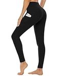 Campsnail Black Gym Leggings for Women UK with Side Pockets High Waisted Yoga Dance Sports Running Pants Tummy Control Workout Stretchy Soft Opaque(UK 10-14,S-M)