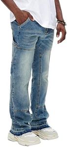 GINGTTO Mens Carpenter Jeans with Tool Pockets Stacked Flared Denim Jeans for Men Loose Lightweight Light Blue 32