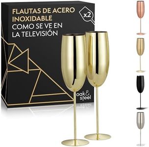 Oak & Steel - 2 Copas de Champán Doradas, 280 ml - Vasos de Prosecco de Acero Inoxidable Dorado con Caja de Regalo