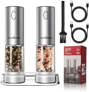 ThermoMaven 110ml Rechargeable Electric Salt and Pepper Grinder Set - 6 Adjustable Coarseness, Washable Parts, Built - in LED for Easy and Accurate Grinding, 2 Packs, White