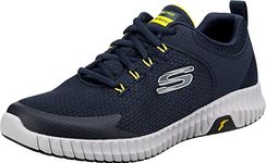 Skechers Men's Elite Flex Prime TAKE Over Walking Shoe, Navy Mesh/Pu/Yellow Trim, 10 UK