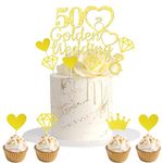 Golden Wedding Decorations Cake Topper - 11Pcs 50th Wedding Cake Toppers Set with Heart Crown Diamond Cupcake Topper for Celebration 50th Wedding Anniversary Party Supplies